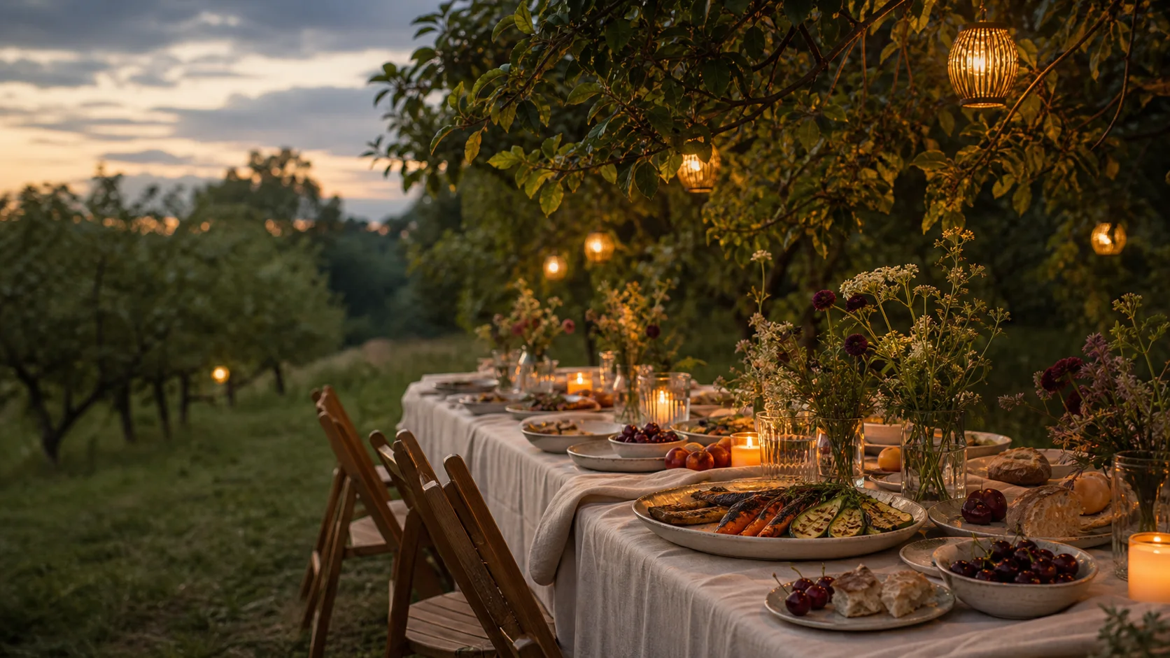 A long supper table in an orchard